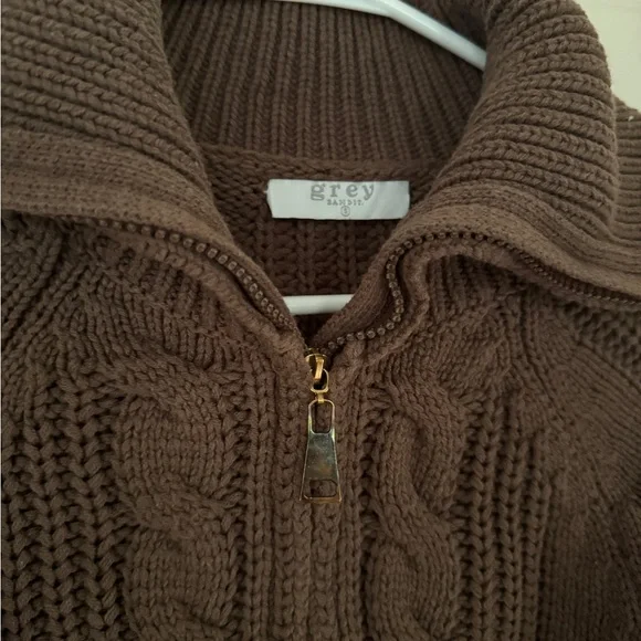 Grey Bandit Brown Cable Knit Cropped Zip Up Cardigan - Picture 5 of 7
